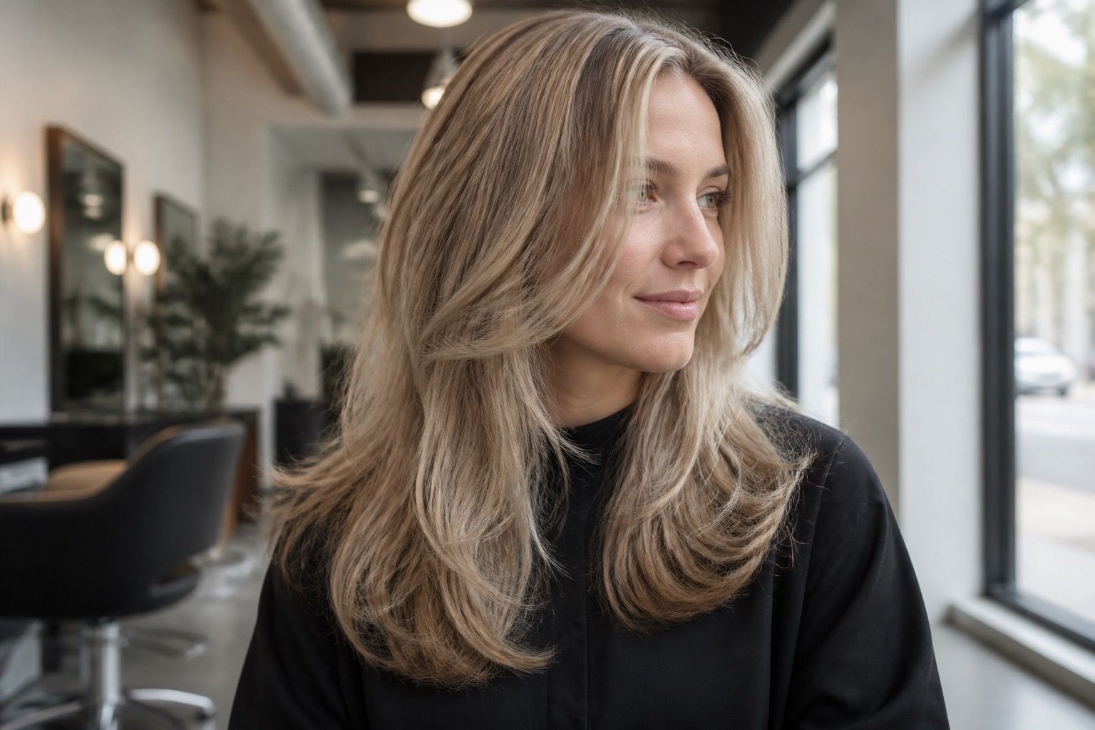 Soft brown and beige blonde hair in window light