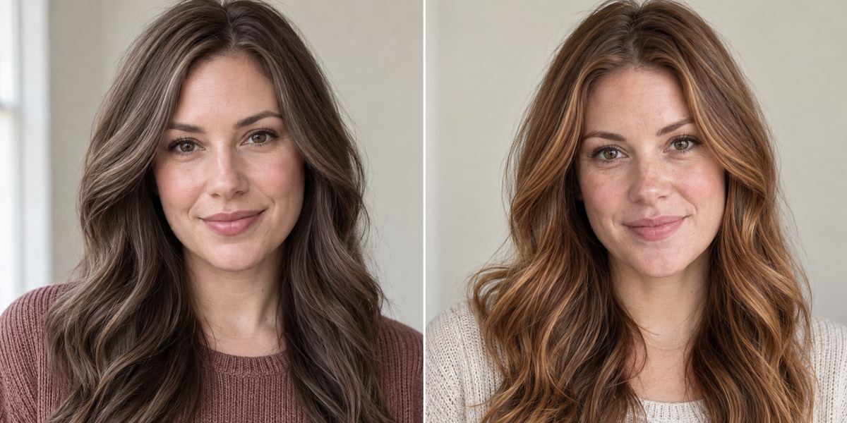 Cool ash mocha brown and warm copper-brown hair shown side by side in similar daylight