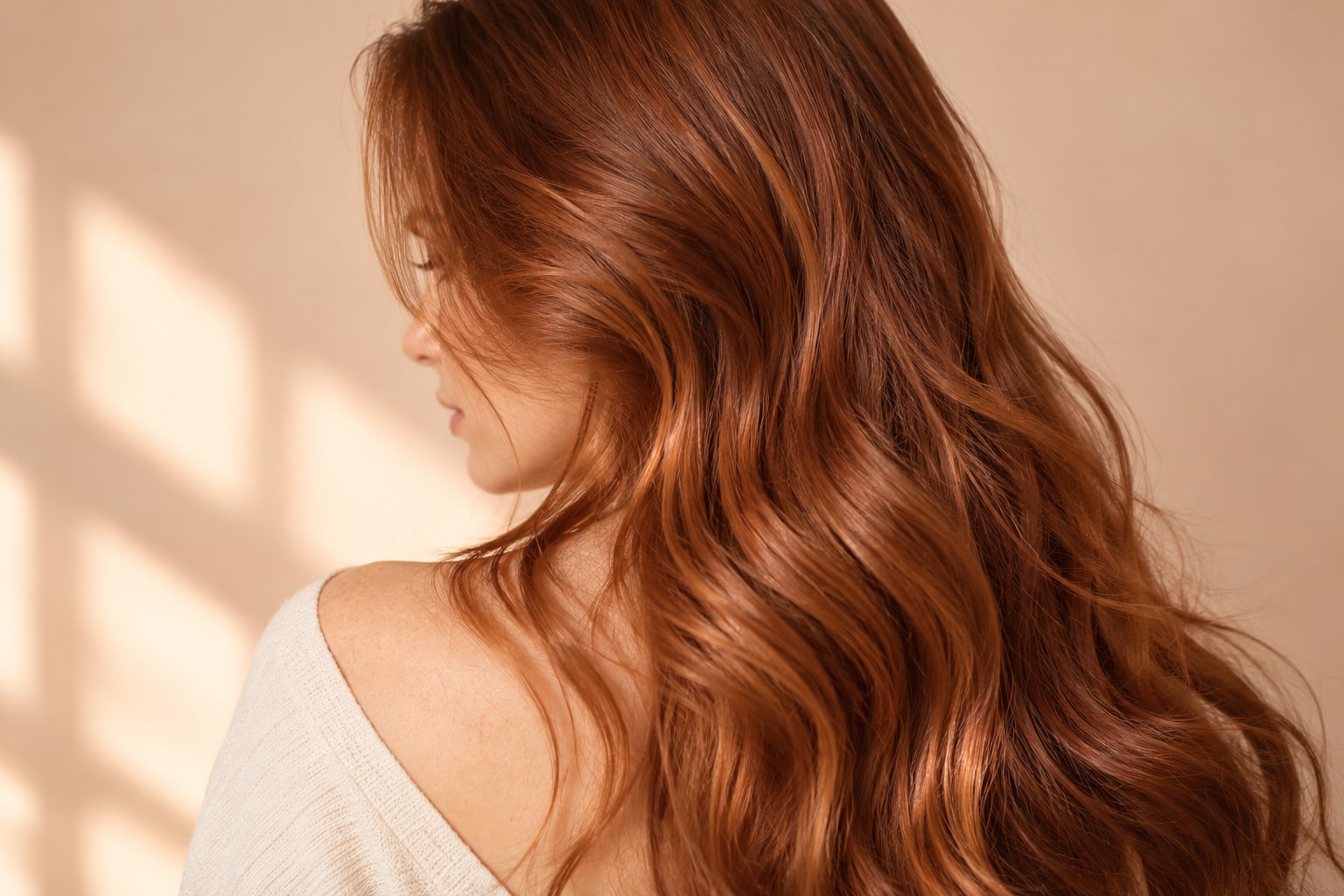 Copper hair with soft waves in warm studio light
