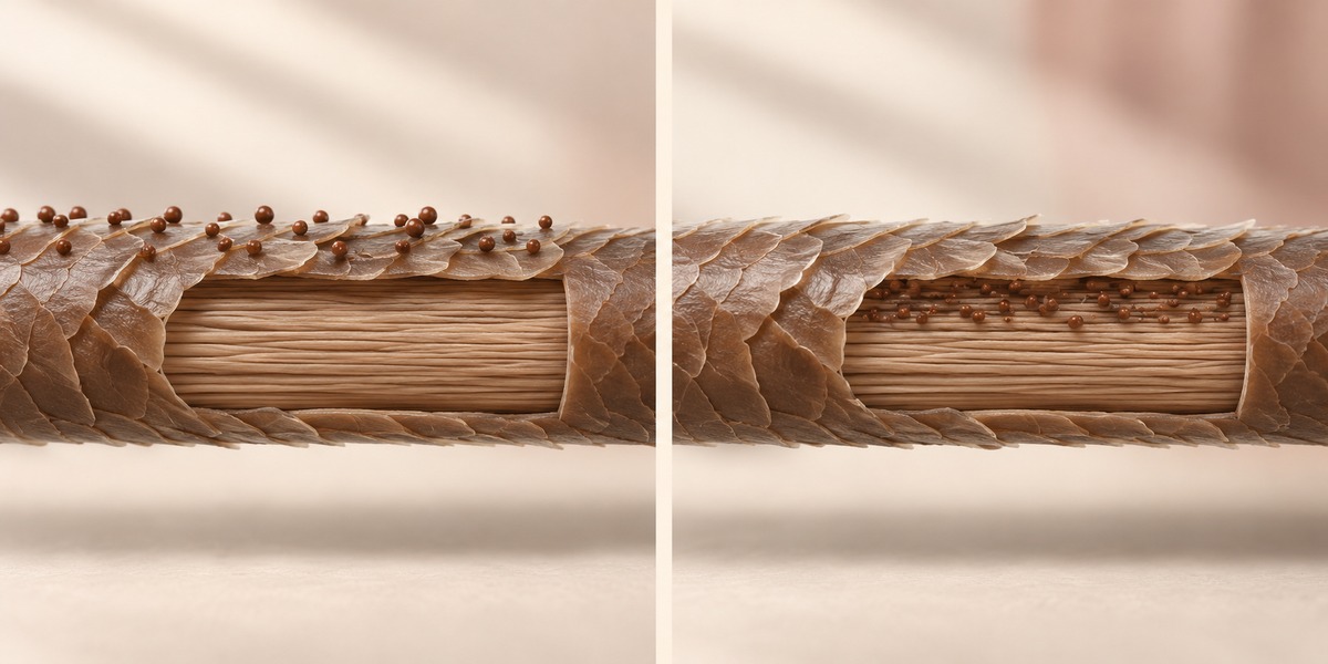 Conceptual side-by-side hair-fiber diagram with pigment on the outer cuticle at left and beneath the cuticle at right
