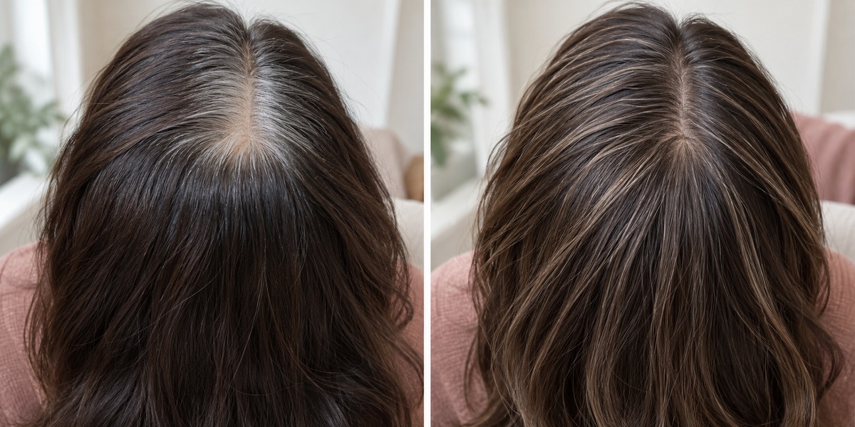Side-by-side dark hair roots: a distinct white-to-dark regrowth boundary beside fine blended silver and mocha strands