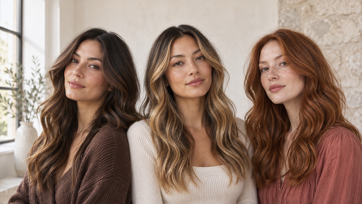 Three women with dimensional mocha brunette, honey balayage, and copper auburn hair in soft daylight