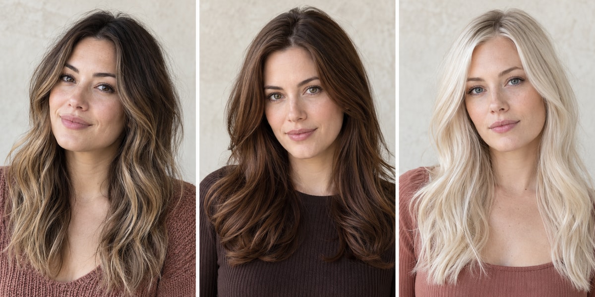 Three hair color examples side by side: lived-in balayage, all-over chestnut, and platinum blonde