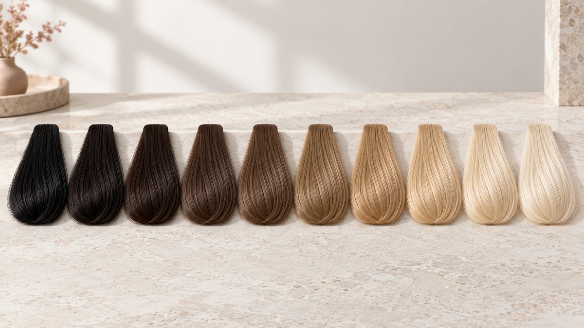 Ten hair swatches arranged from level 1 black to level 10 lightest blonde