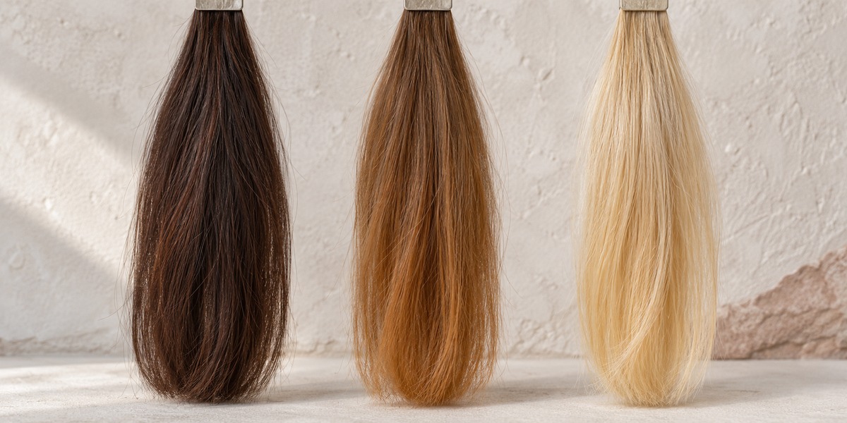 Three hair swatches showing deep red-brown, orange, and pale yellow warmth at different lightening stages