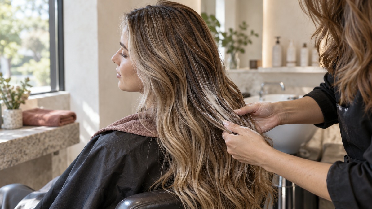 Colorist smoothing a conditioning treatment through dimensional bronde balayage hair beside a salon window