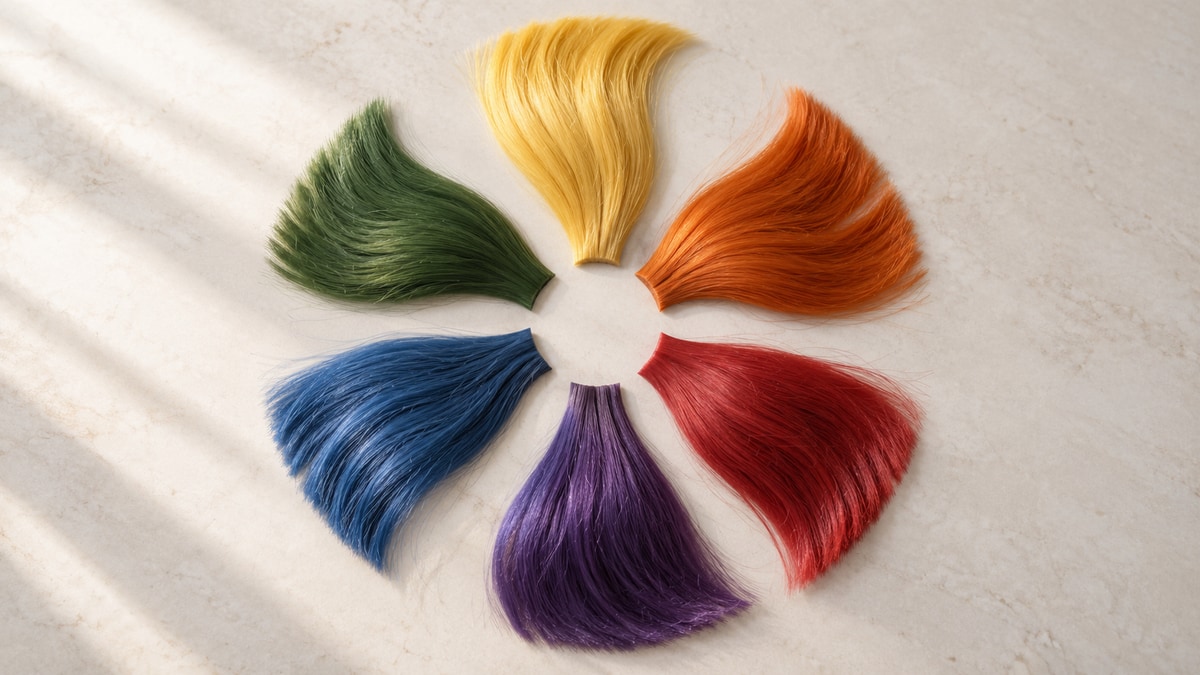 Six hair swatches arranged as a color wheel with yellow opposite violet, orange opposite blue, and red opposite green