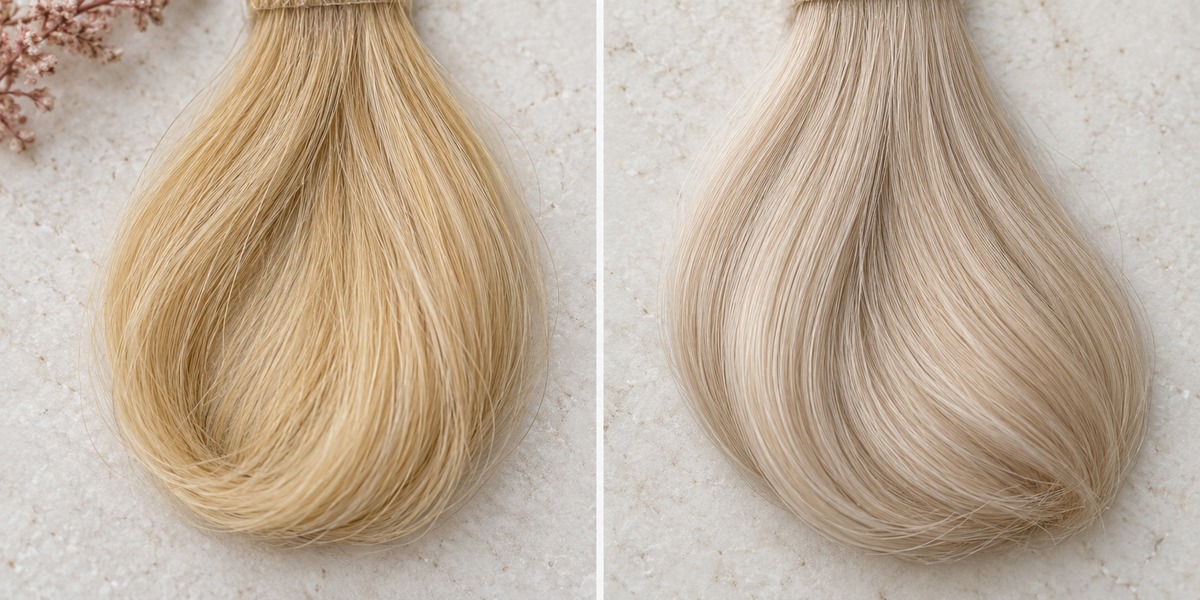 Two matched blonde swatches comparing yellow-gold hair with a creamier pearl-beige tone