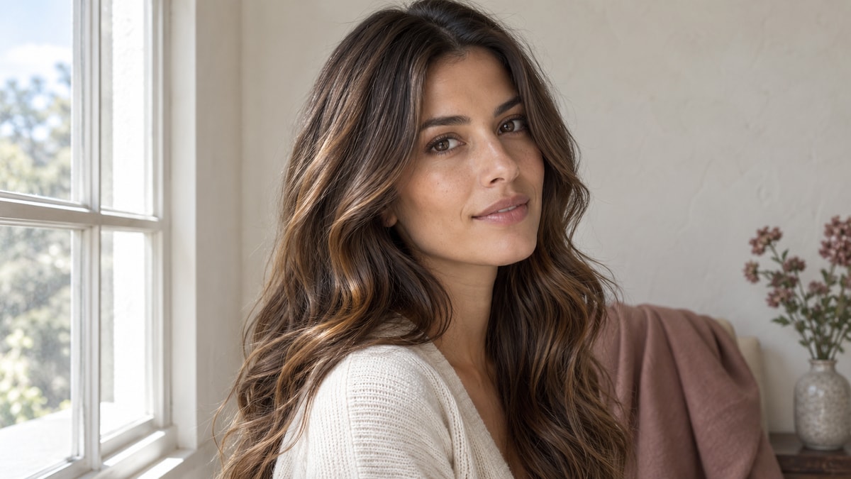Olive complexion beside a window with chocolate-brown hair and soft caramel ribbons
