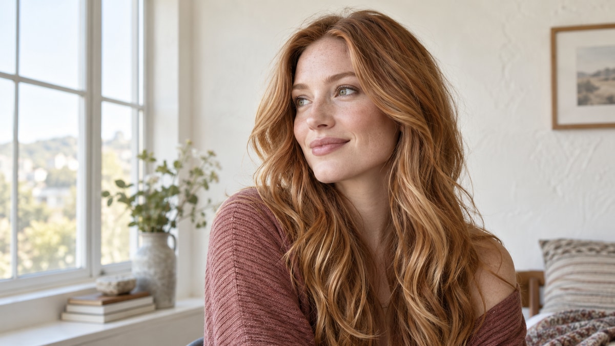 Fair-skinned woman with dimensional strawberry blonde hair beside a window