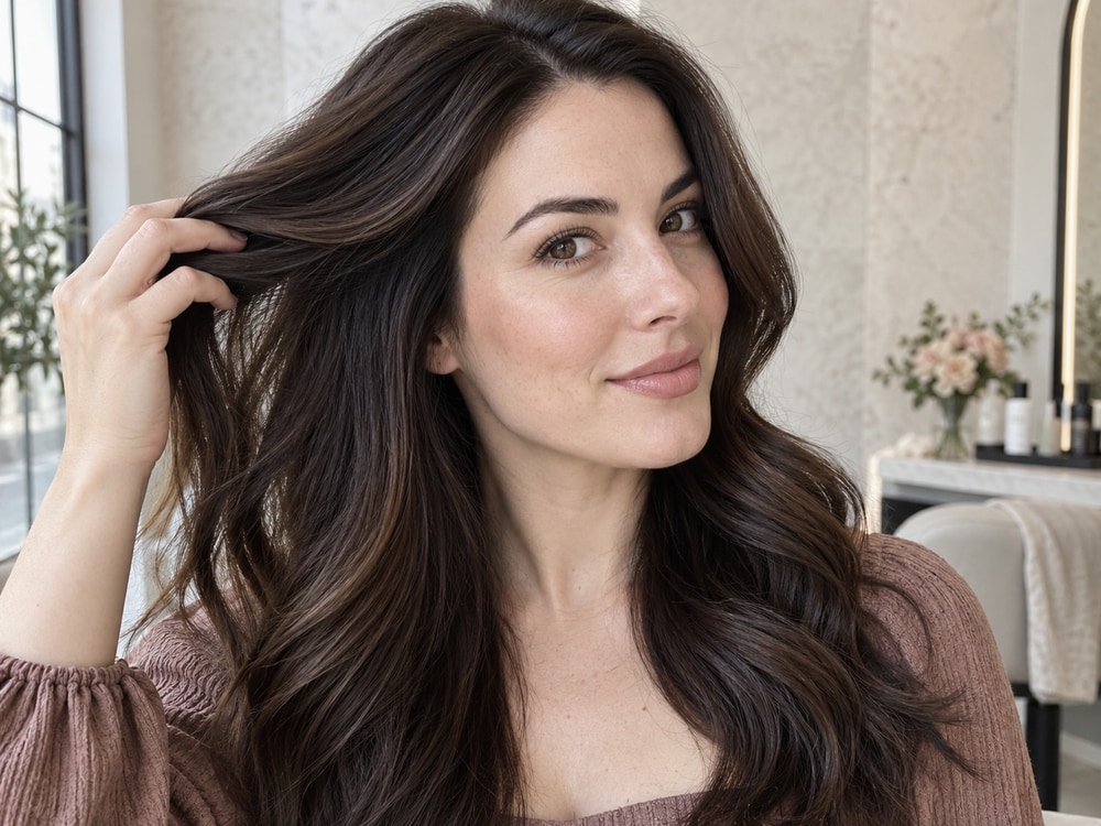Fair-skinned woman with dark brows and dimensional chocolate-espresso hair