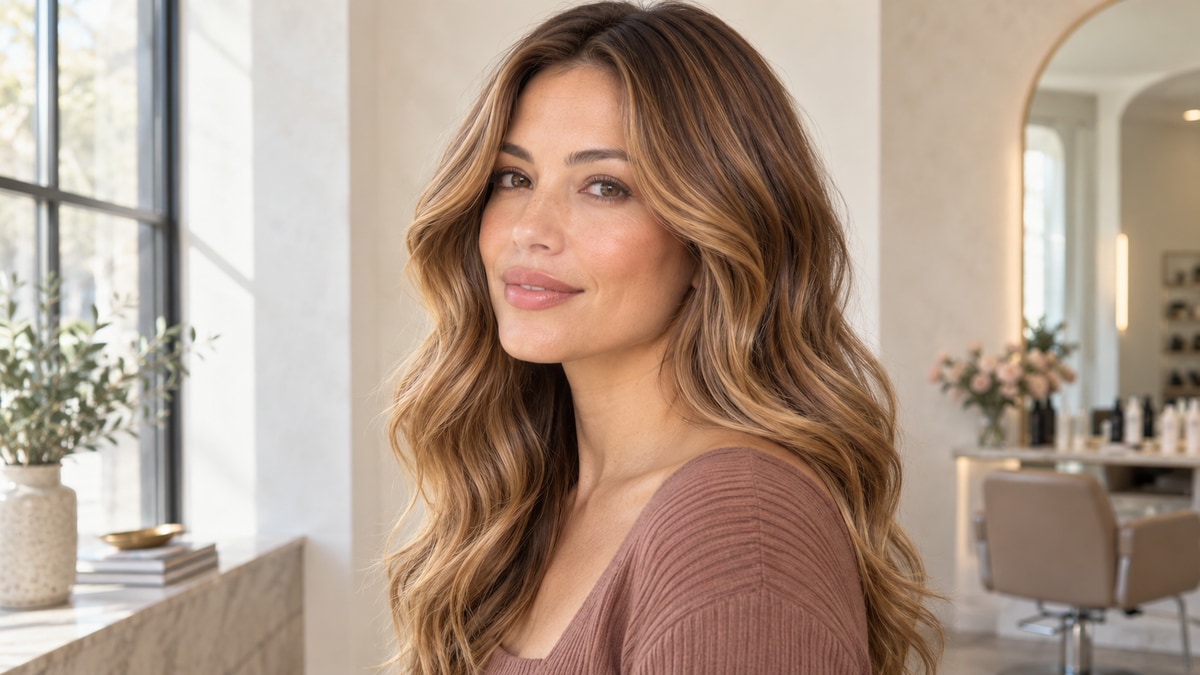 Woman with warm peach-golden skin and dimensional caramel-honey brown hair